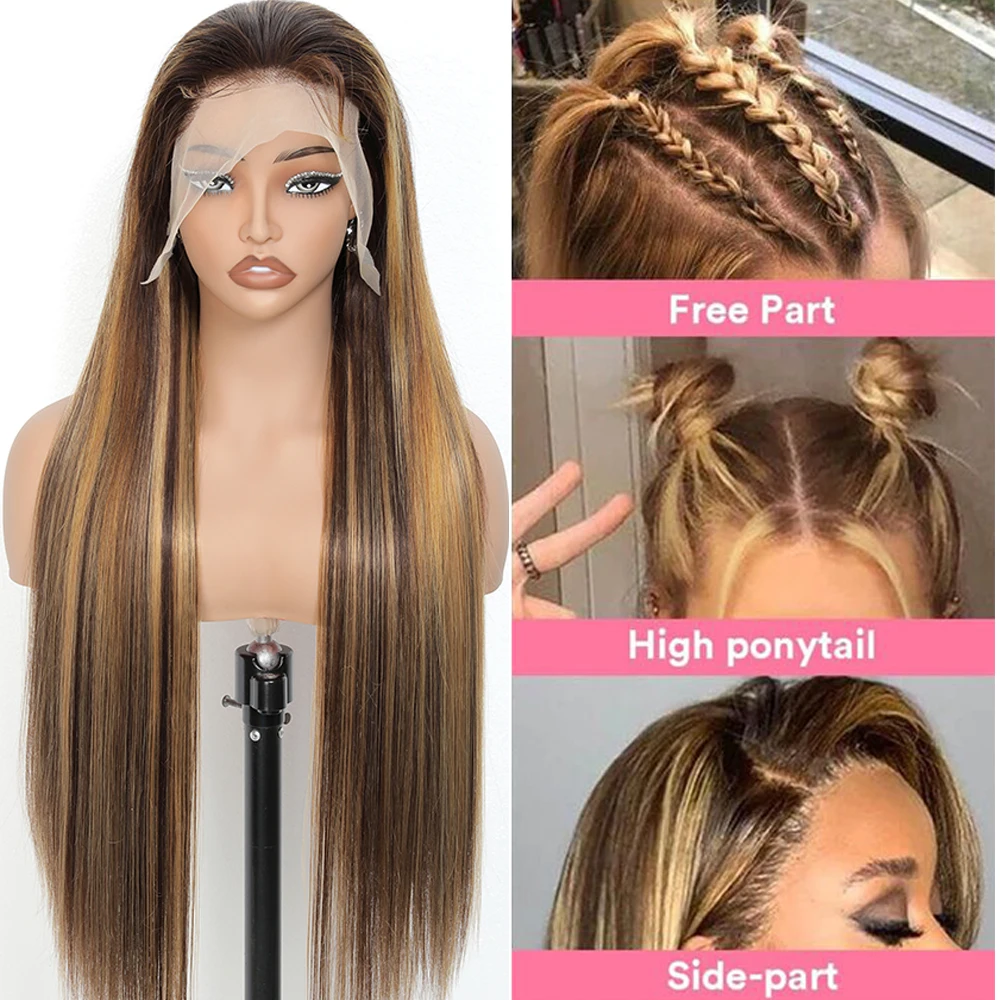 P4/27 تسليط الضوء على أومبير شعر طبيعي مفرود باروكة 13x4 الدانتيل الشفاف الجبهة الباروكات 180% الكثافة عذراء الشعر مستقيم الباروكات للنساء