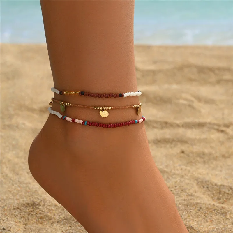 3pc Boho Stackable Colorful Rice Beads Anklet Bracelet Golden Round Charm Foot Jewelry Ladies Casual Anklets Gifts Accessories