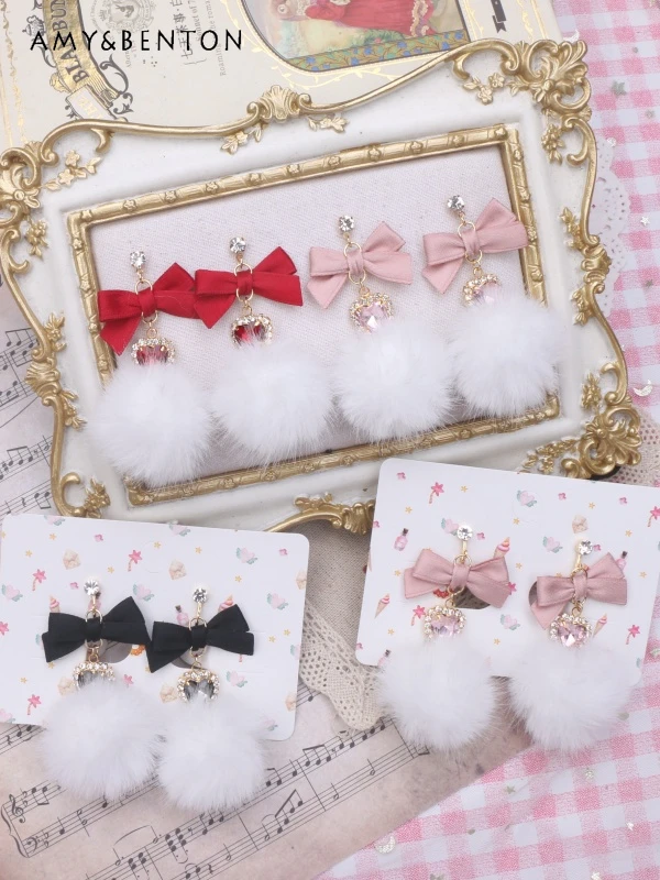 

Customized Handmade Sweet Cute Bowknot Heart Shape Rhinestone Fur Ball Pendant Earring Kawaii Lolita Girl Y2K Clip on Earrings