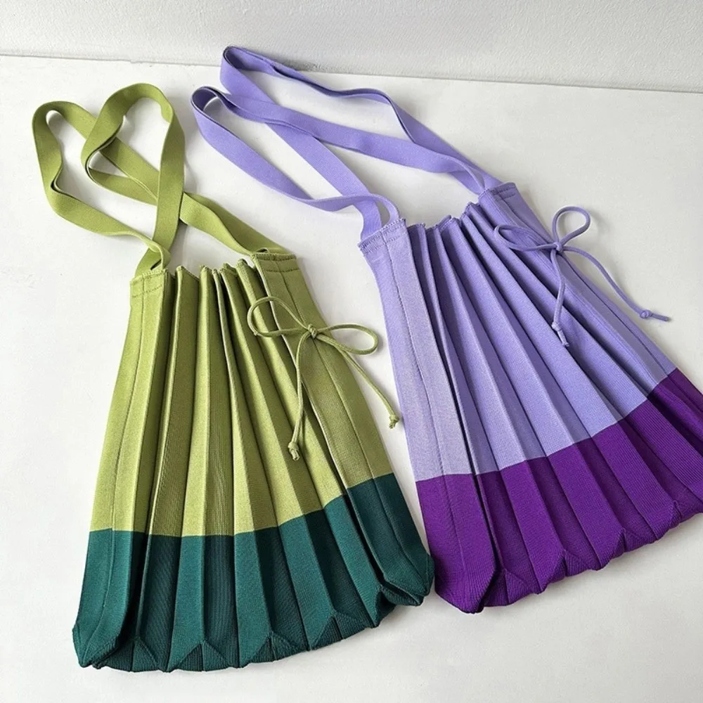

Handbag Knit Folding Shopping Bag Large Capacity Eco-Friendly Foldable Eco Bag Shoulder Pouch Contrast Color Pleated Bag
