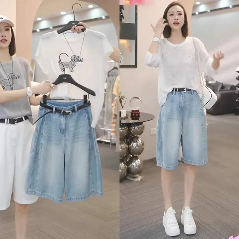 

Women's Five-Point Workwear Jeans Summer Thin High-Waist Flower Bud Shorts Casual Mid-Length Pants