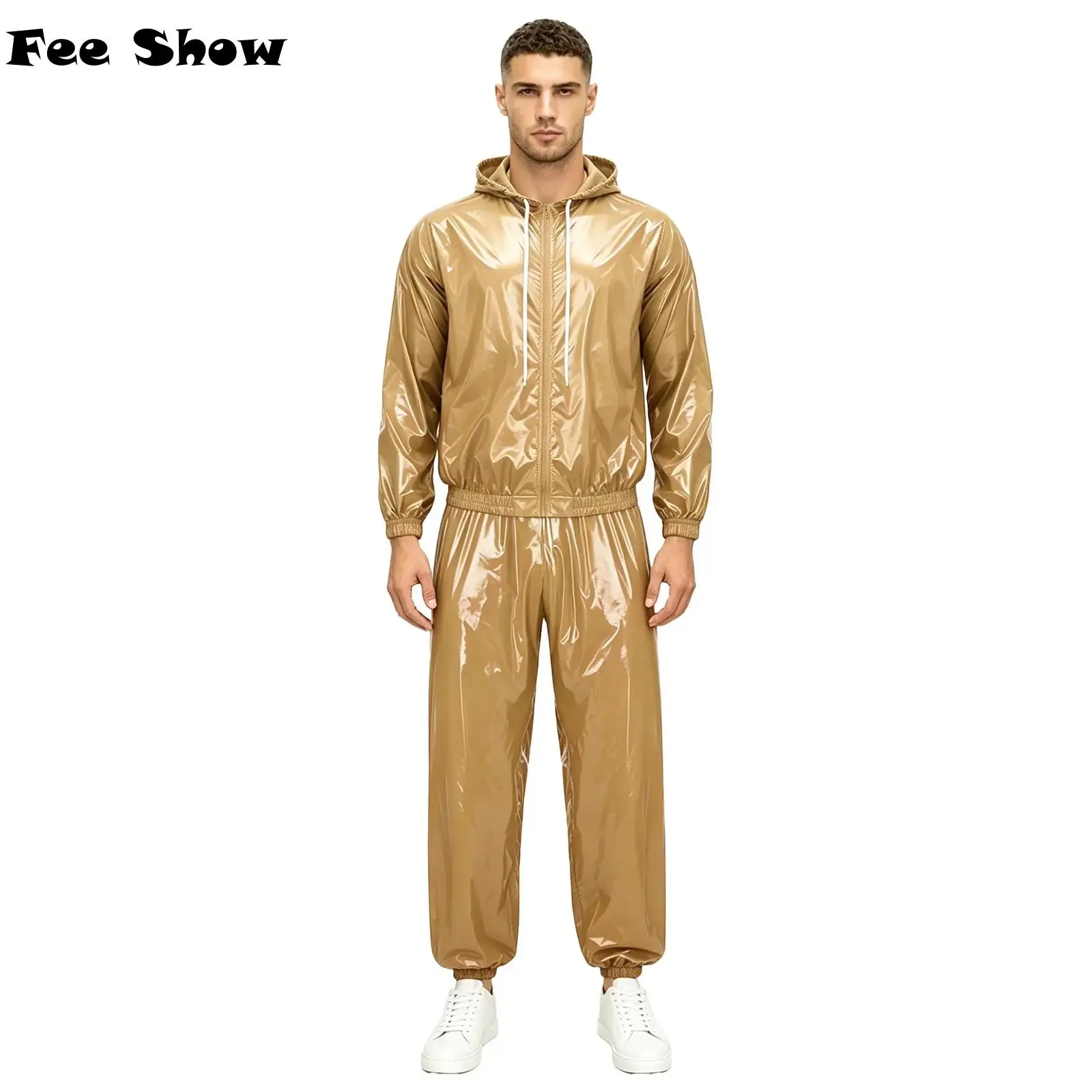 

Mens Waterproof Sauna Outfit Hooded Tracksuit Long Sleeve Front Zip-up Drawstring Hood Jacket Windbreaker Jogging Track Pants