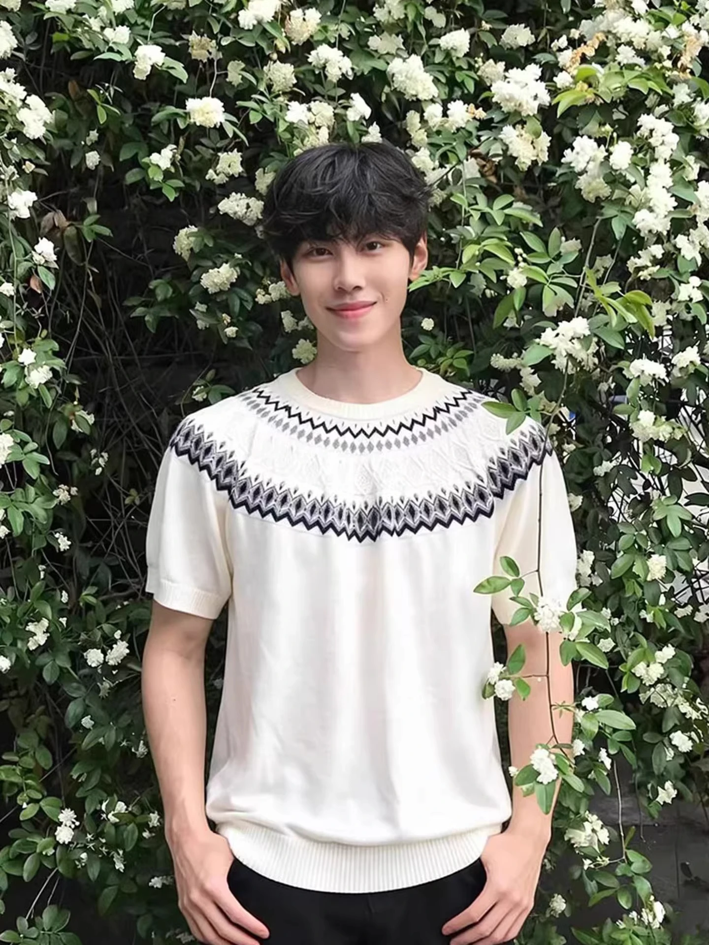 Knitted Ice Cool Shoulder Short Sleeve T-Shirt Men's Summer Small Collar Half Sleeve Boyish Feel Fair Isle Texture Knitwear