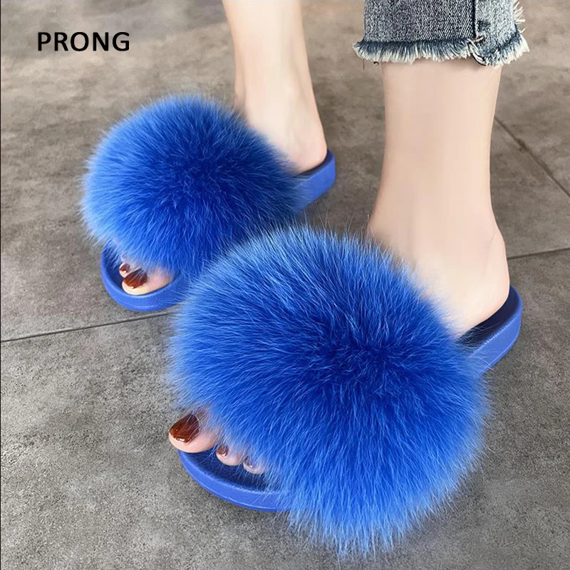 Real Fur Slippers Fluffy Flat Slides Fur Fluffy Sandals Girls Beach Home Plush Slides Furry Flip Flops Women Bedroom Warm Shoes