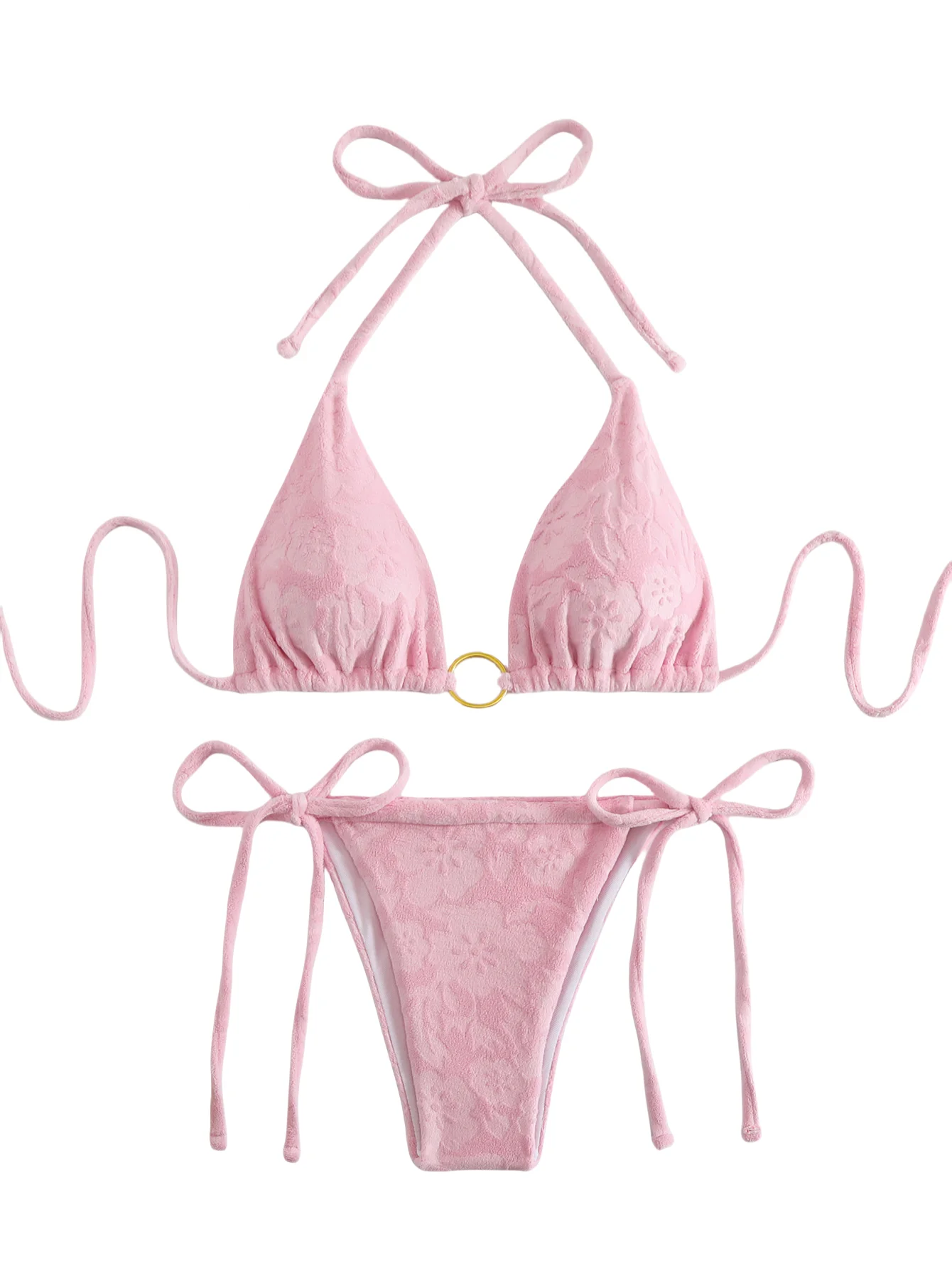 Nuevo Conjunto de Bikini rosa con parte superior triangular Floral, parte inferior con lazo lateral, traje de baño de dos piezas para mujer, Bikini Sexy con cuello Halter, traje de baño para playa para mujer
