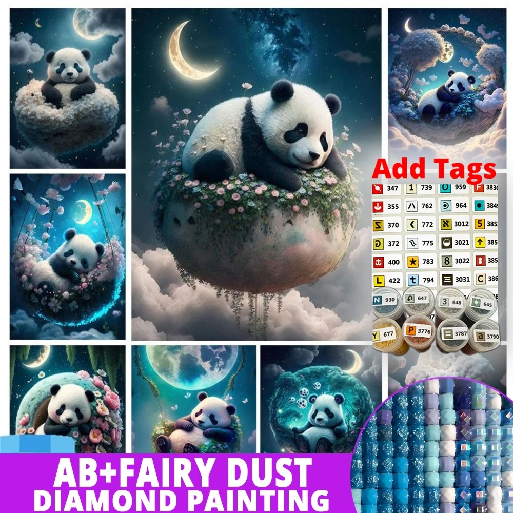 With Symbol Sticker AB Fantasy Panda Diamond Painting Fantasy Animals Mosaic Embroidery Moonlight Tree Of Life Cradle Boat Home