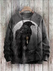 Halloween Crow Branch Moon Print Casual Knit Pullover Sweater Men's For Women's Pullover