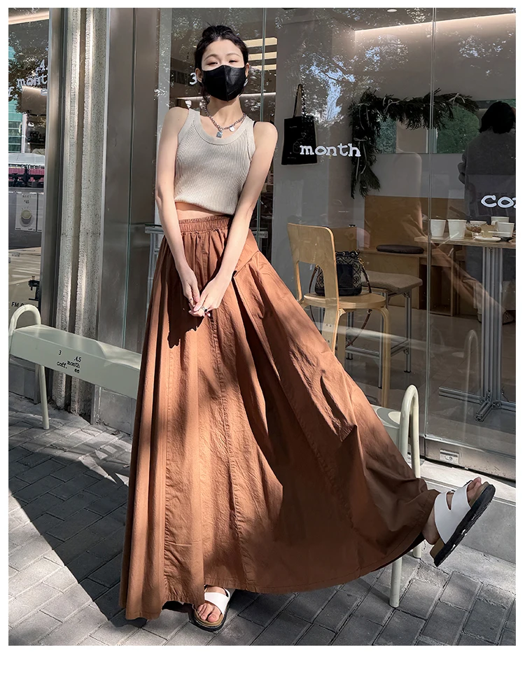 Spring Summer Women Black White Elegant Oversized Long Skirt French Fashion Brown High Waist Vacation Pleated Half Skirt Popular