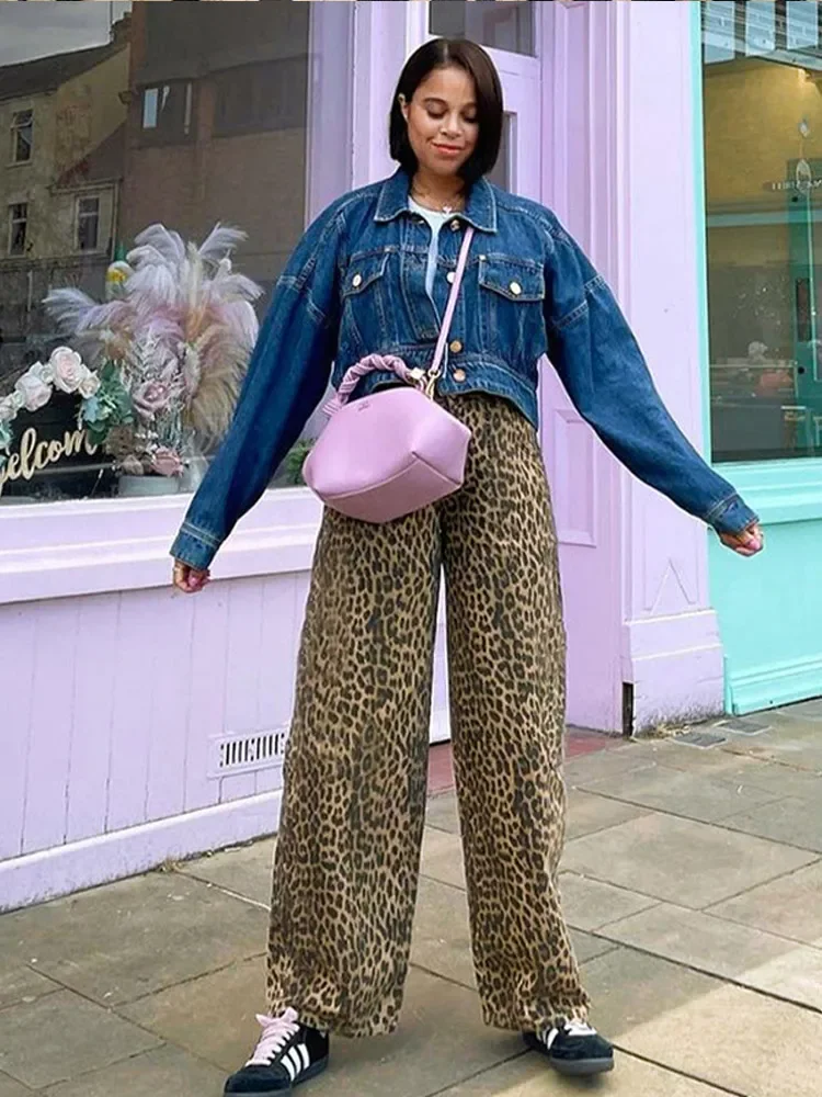 Vintage Leopard Print Pants Women Casual Loose Lace Up Wide Leg Trousers Female 2024 Summer Fashion All-match Lady Streetwear