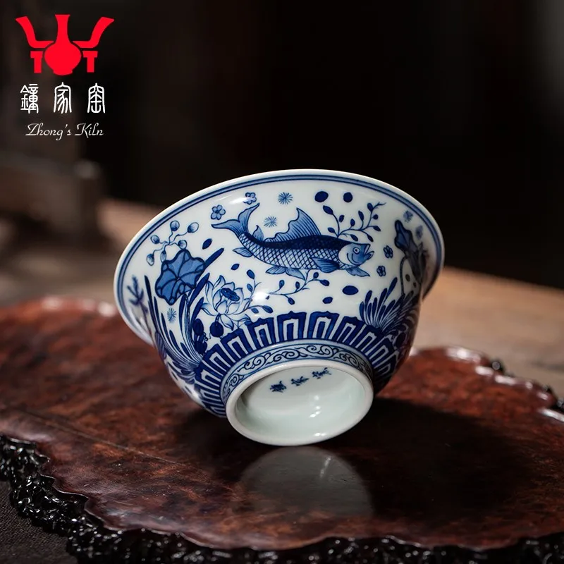 Zhongjia Kiln Jingdezhen Tea Set Full Hand Painted Blue and White Wood Kiln Fish and Algae Pattern Office Tea Cup Master Cup Men