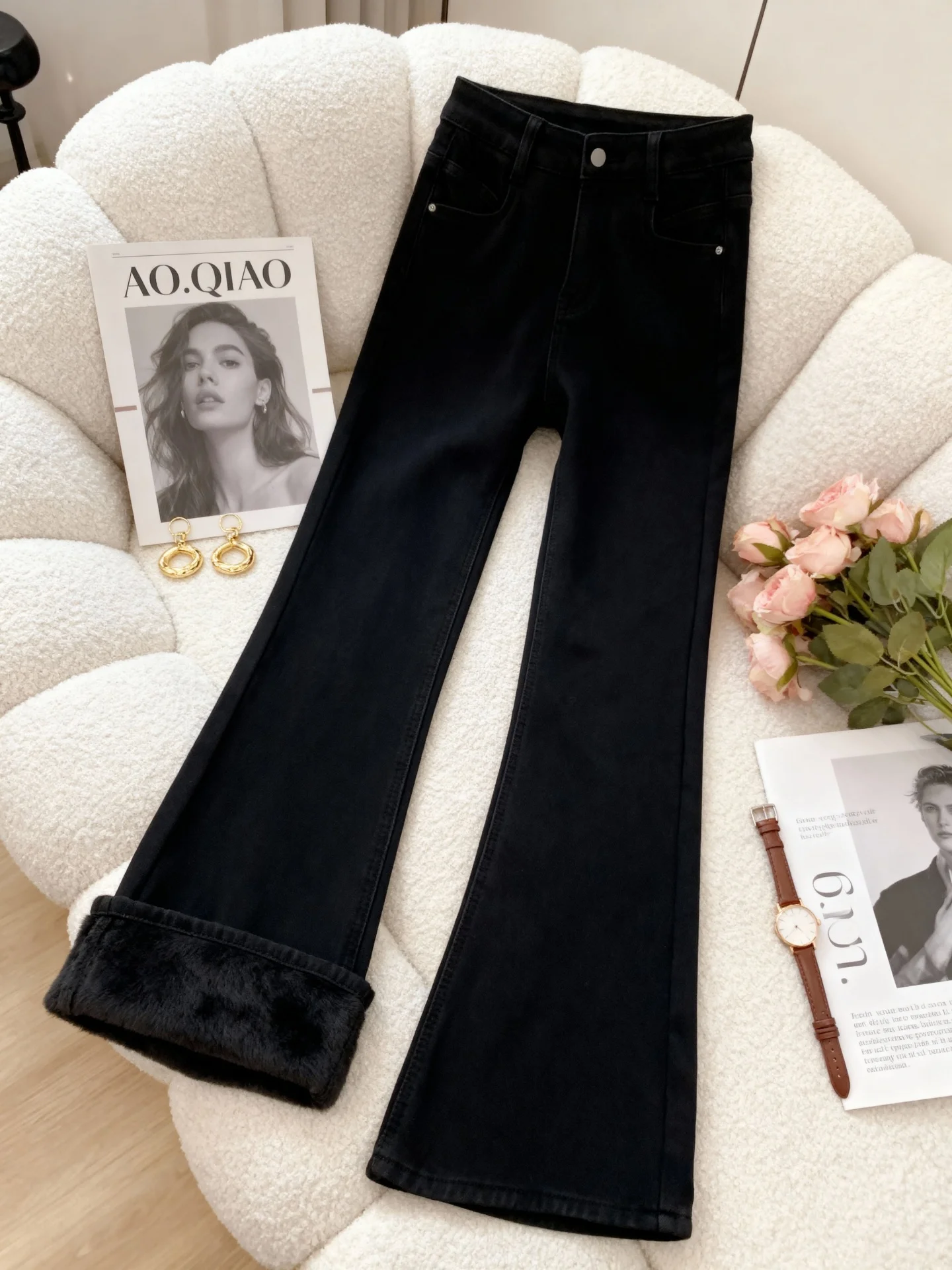 

Расклешенные джинсы с высокой талией, женские брюки-клеш на подкладке, осень-зима, большие размеры, утягивающие бедра, эластичные брюки-клеш