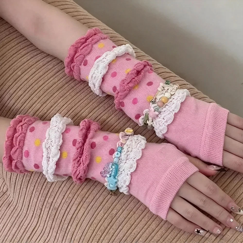 Cute Arm Warmers Kawaii Ruffle Gloves Fingerless Polka Dot Pink Arm Cover Japanese Style Y2K Accessories for Women