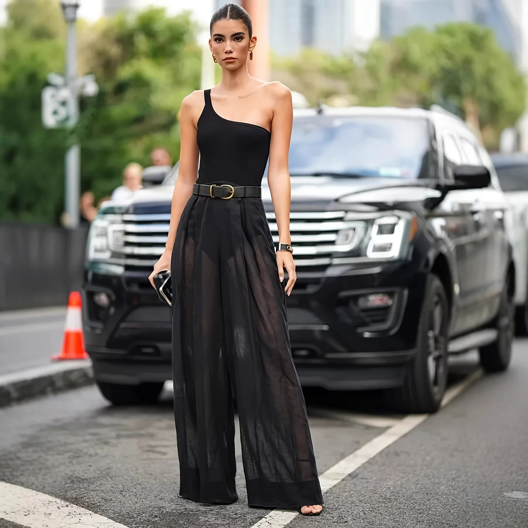 

2026 Women's One Shoulder Sheer Mesh Wide Leg Jumpsuit with Belt All Match Soft Stretchy Breathable Lightweight Casual Jumpsuit