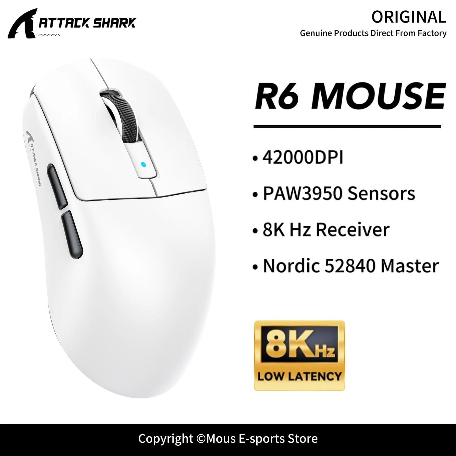 R6 ATTACK SHARK Bluetooth Gaming Mouse PAW3950 Sensors 42000DPI Nordic 52840 Master and 8000Hz for Wireless Mouse