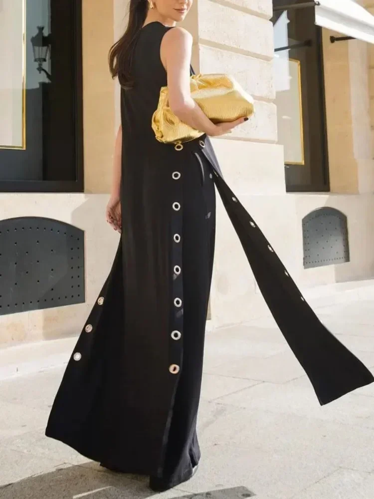 2026 New Fashion Hollow Lace-up Vest Outerwears For Women Loose Sleeveless Split-Side Deep V-Neck Commute Trench