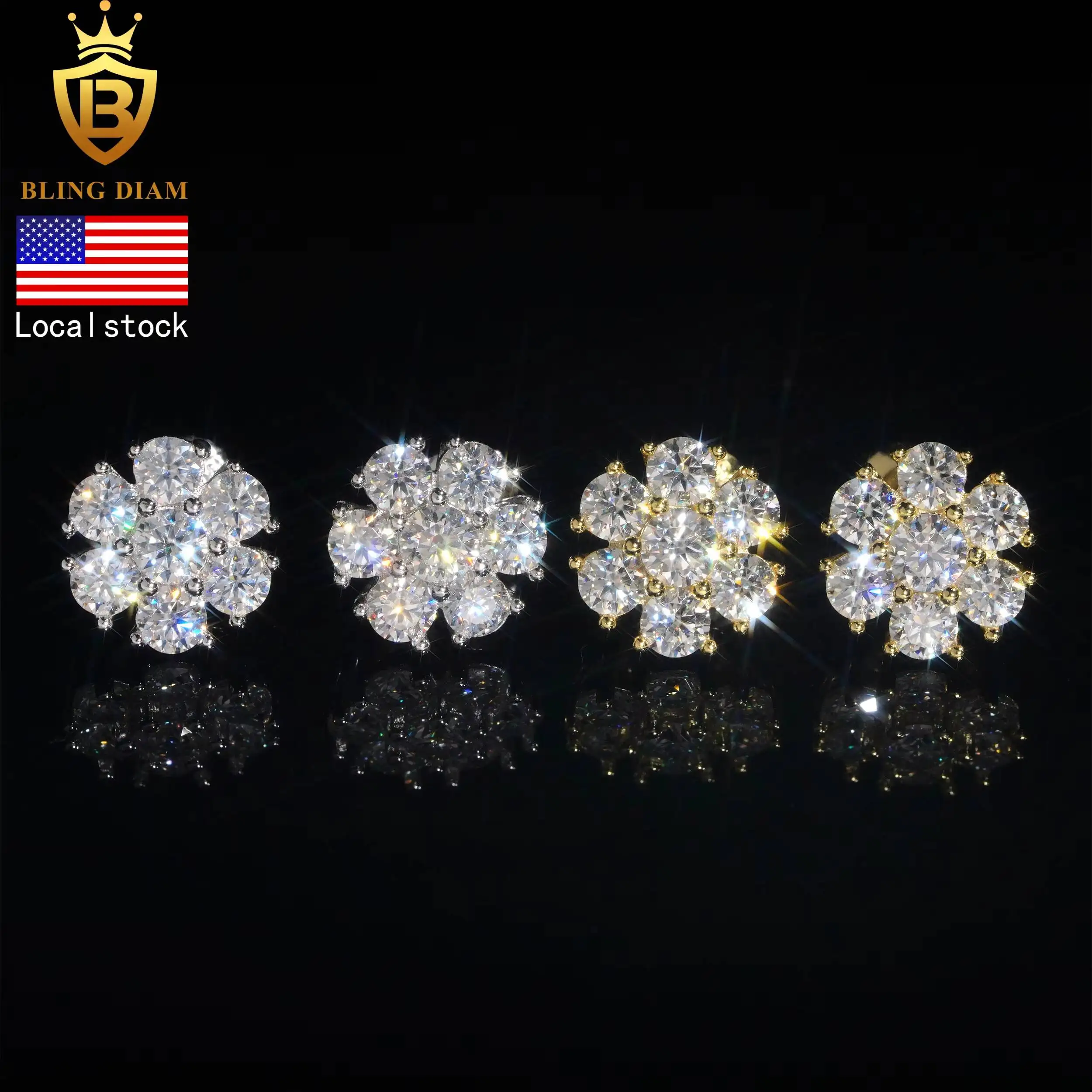 Blingdiam Pass Diamond Teater High Quality 11MM Flower Hip Hop Screw Back Diamond Stud Moissanite Earrings