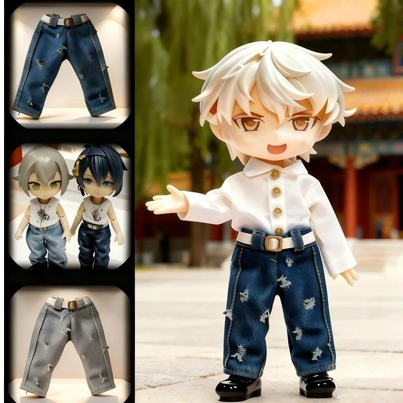 Ripped Distressed Denim Jeans Pants with Belt for OB11 Obitsu11 Molly GSC Nendoroid 1/12 BJD Doll Casual Doll Outfit Accessories