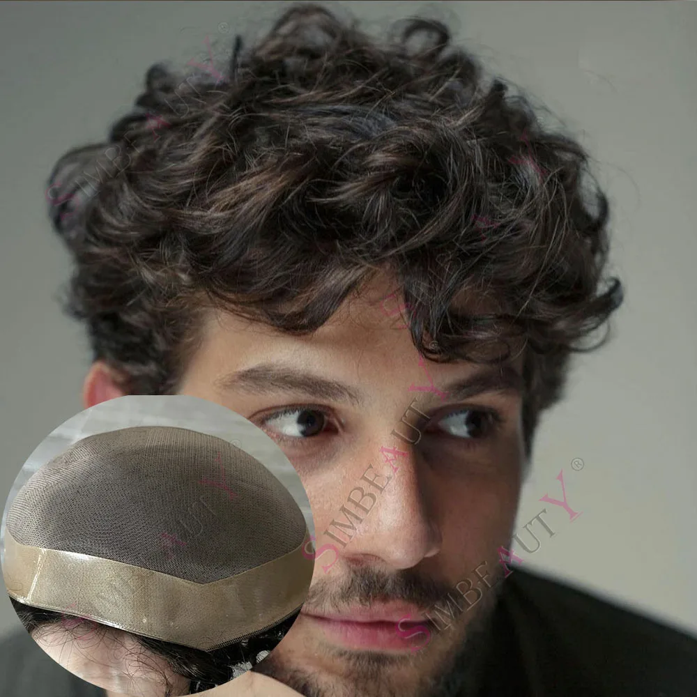 28 مللي متر/22 مللي متر مجعد فضفاض مجعد الرجال الباروكات # 2 # 4 شعر مستعار بني فائق التحمل للرجال NPU، نظام استبدال قطع الشعر البشري بنسبة 100% #1