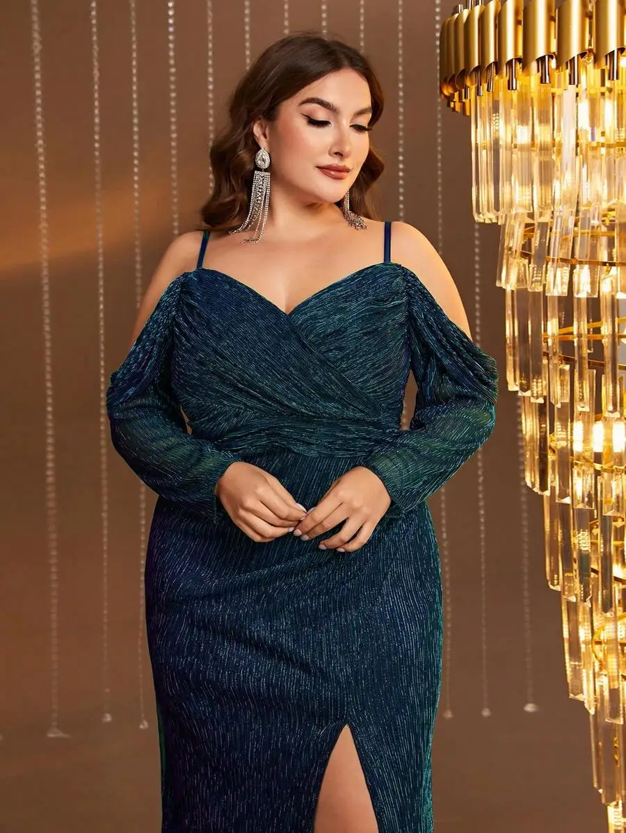 plus Size Off-Shoulder Glitter Evening Dress Long Sleeve Mermaid Maxi Gown High Slit Formal Party Wedding Guest Dress view 2