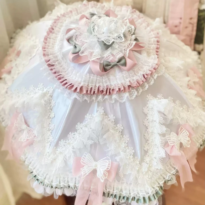 Original Lolita Princess Lace Parasol Pink White Frilly Umbrella for Wedding Photoshoot Vintage Photography Prop for Cosplay