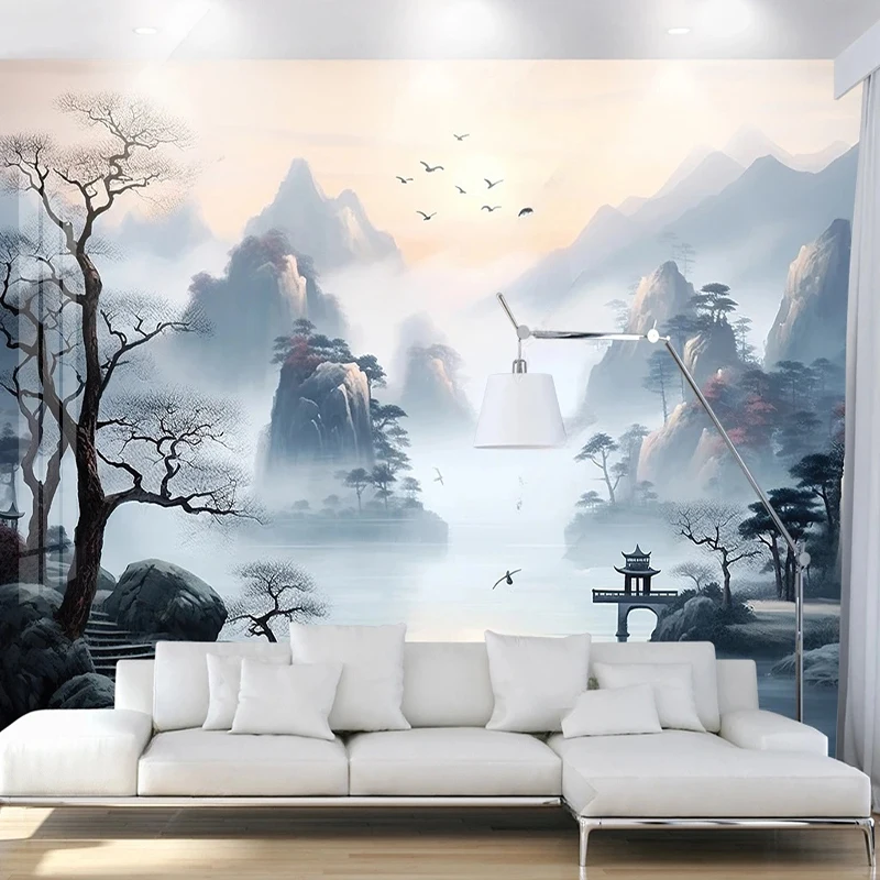 

Custom Mural Wallpaper Chinese Ink Morning Landscape Fresco Living Room TV Sofa Bedroom Background Wall Home Decor 3D Sticker