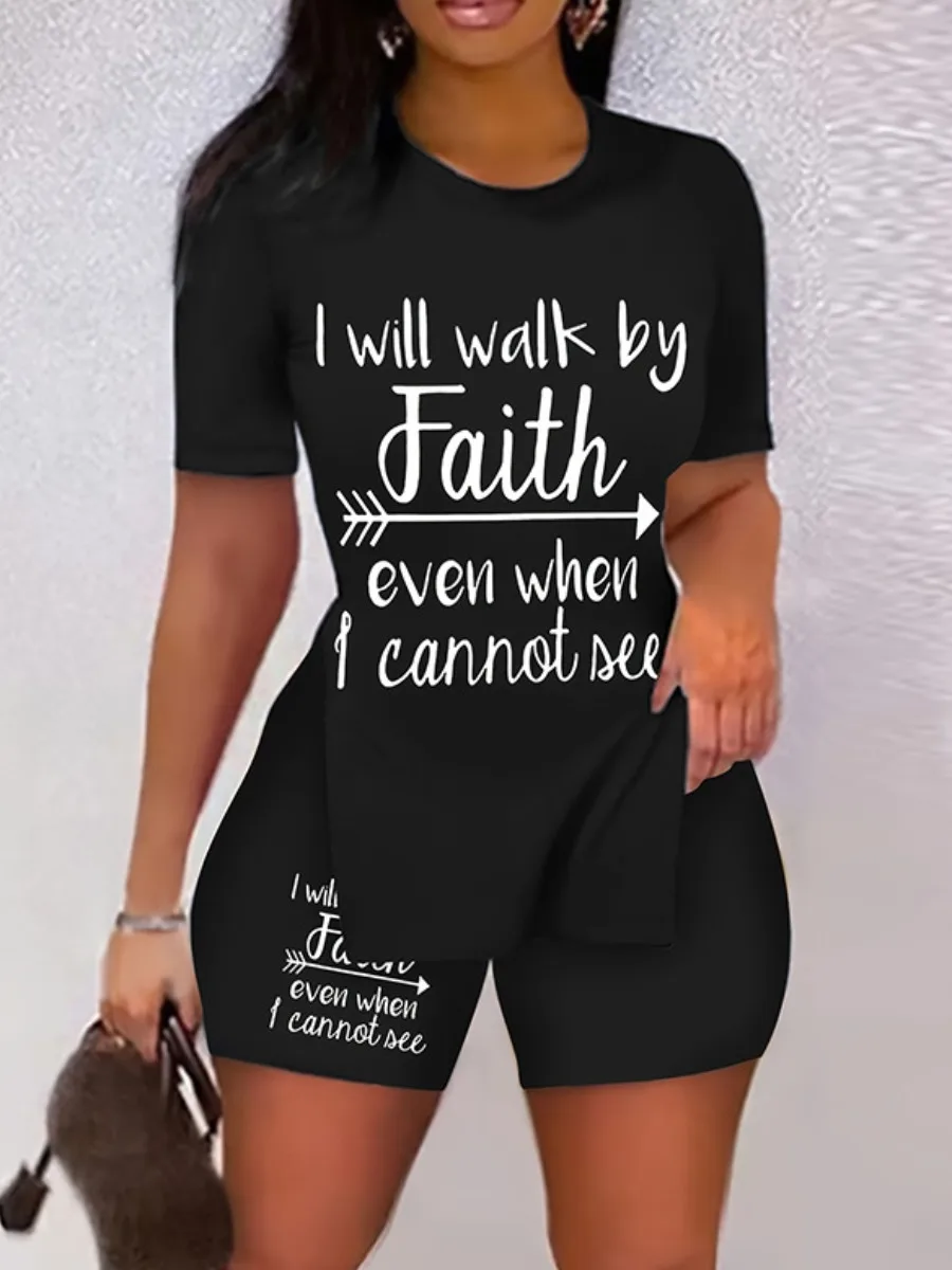 

LW Arrow Faith Letter Print Shorts Set Summer Two Piece Outfit Short Sleeve Pullover Top & High Waist Skinny Shorts for Women