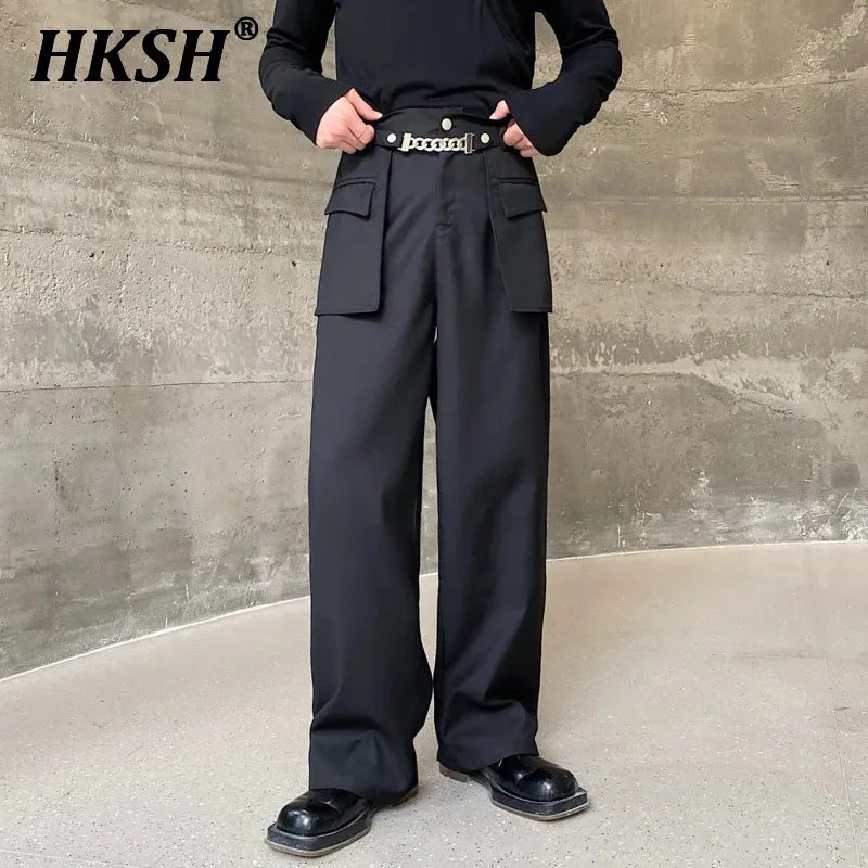 HKSH High Waisted Chain Workwear Pants Long Men's Collage Flip Three-dimensional Pocket Straight Leg Spring Autumn Casual HK0088