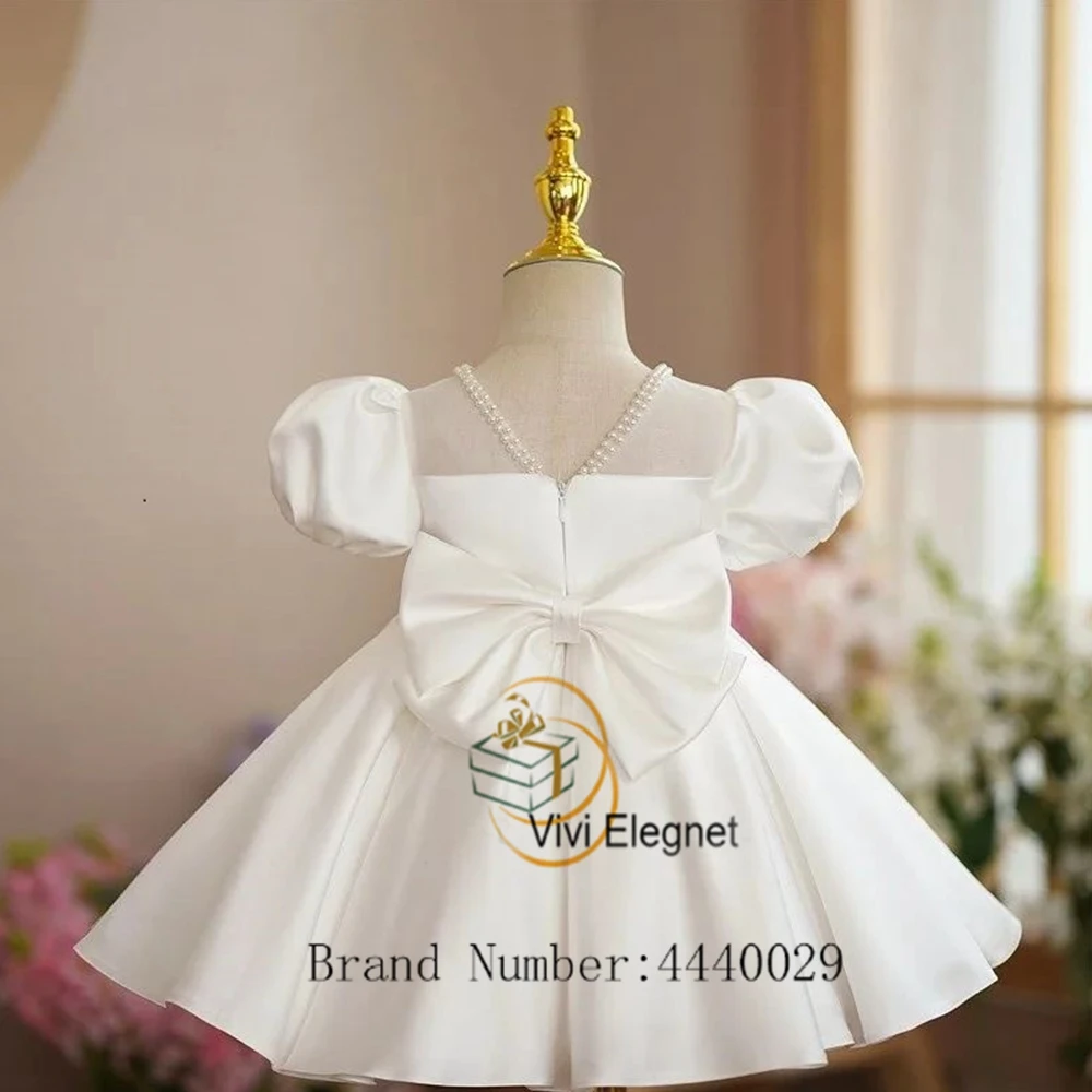 Cream Scoop Flower Girl Dresses Short Sleeve Satin Knee Length Wedding Party Gowns 2023 Summer New Beading فساتين للحفلات الراقص