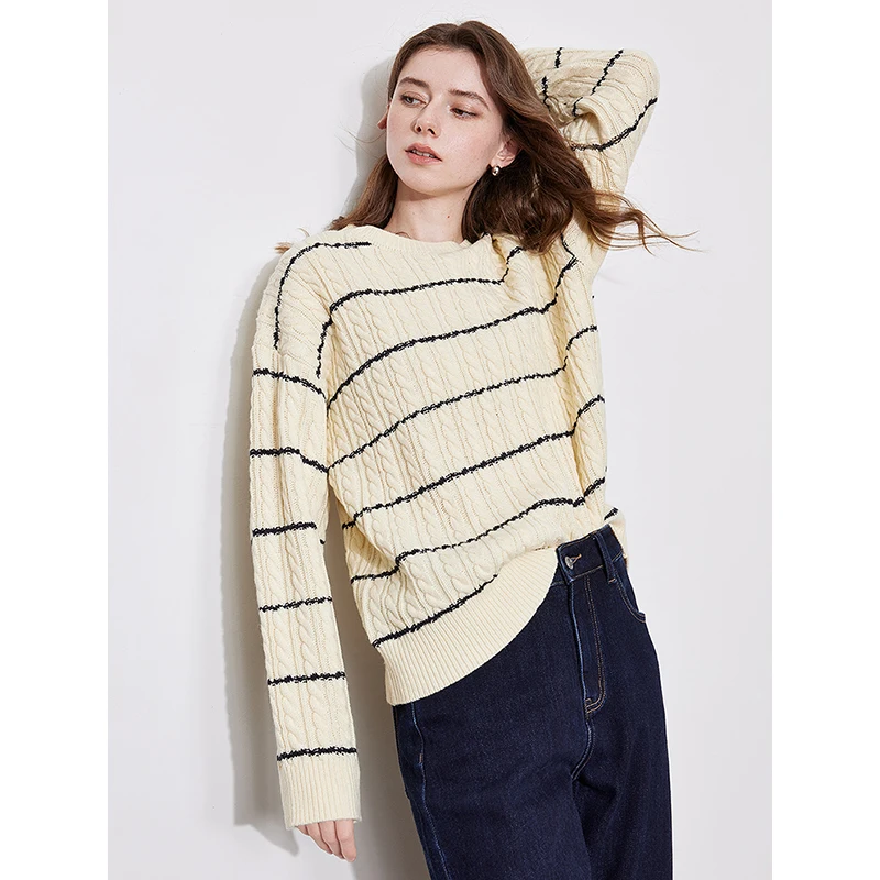 TOYOUTH Women Sweater 2024 Autumn and Winter New Twists Striped Contrasting Color Round Neck Cashmere Pullover Tops