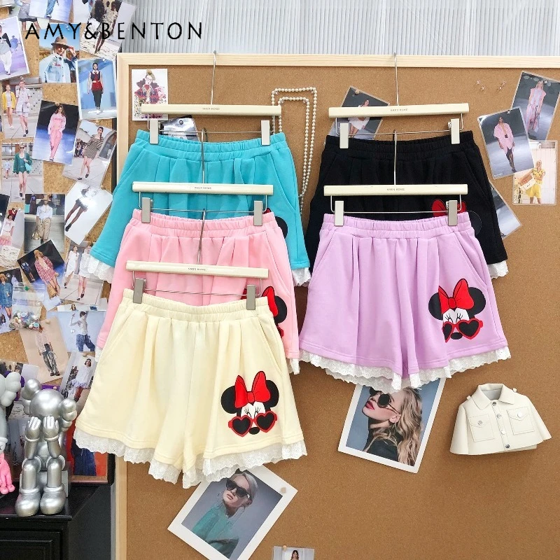 

Japanese Style Youthful Versatile Lace-trimmed Wide-leg Shorts Cartoon Print Fashionable Short Pants for Women's Kawaii Clothes