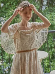 84-94cm Bust Summer Maxi Dresses For Women French Vintage Elegant Slim Lace Dress Shiny Sequins Beading Big Swing Cloak Dress