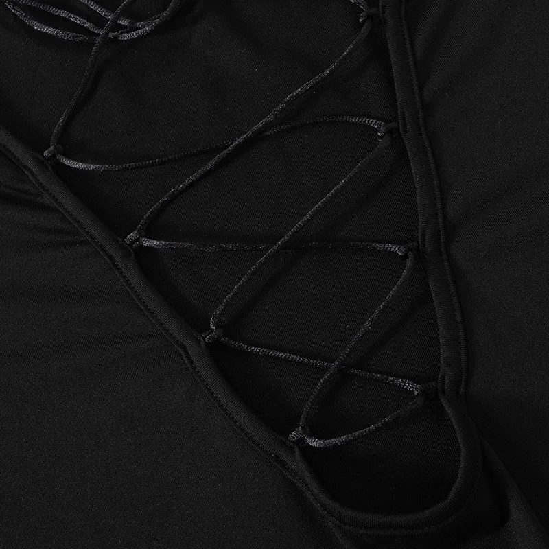 Casual magro preto bodysuit feminino manga longa com tiras sexy oco corpo superior algodão bodycon macacão senhoras