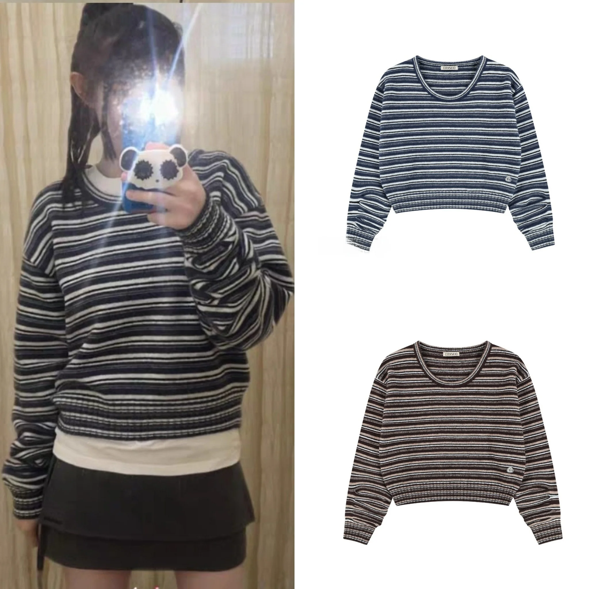 

Ceyseo Осенне-зимний полосатый вязаный свитер свободного кроя с круглым вырезом, из шерсти и нейлона, укороченный