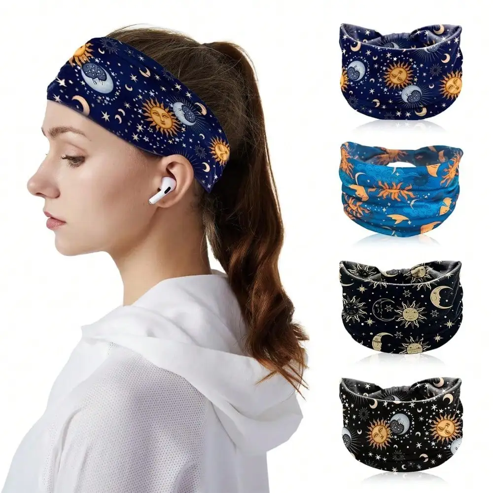 

Широкие повязки на голову для женщин - Нескользящая эластичная хлопковая повязка на голову в стиле бохо, модная толстая повязка с луной и звездой, идеальные аксессуары для волос от пота