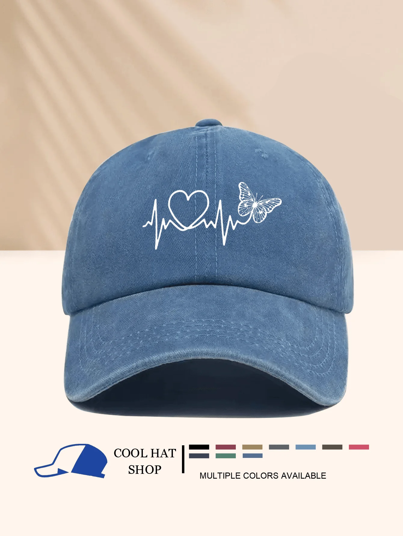 

Denim Baseball Cap With Heartbeat And Butterfly Print For Women