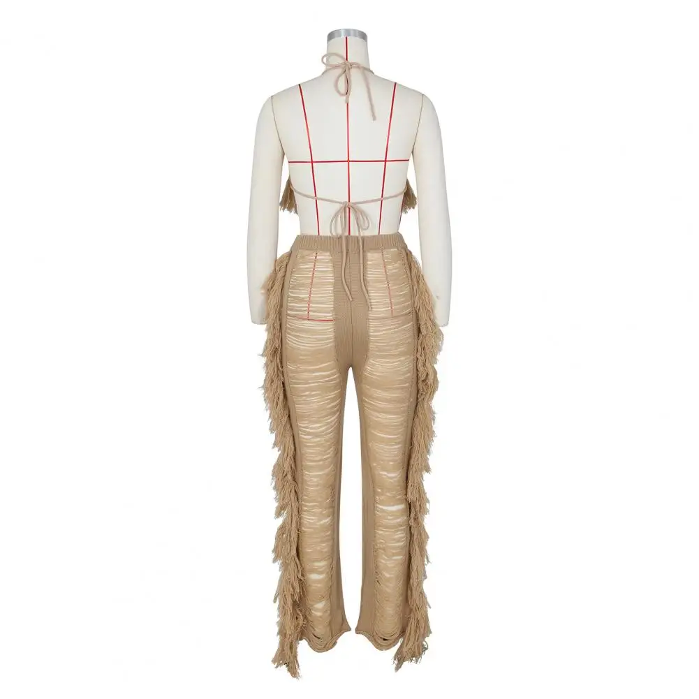 

Fringed Trousers Suit Stylish Women's Beach Vacation Set with Tassel Crop Top High Waist Ripped Knitted Pants Lace-up Halter