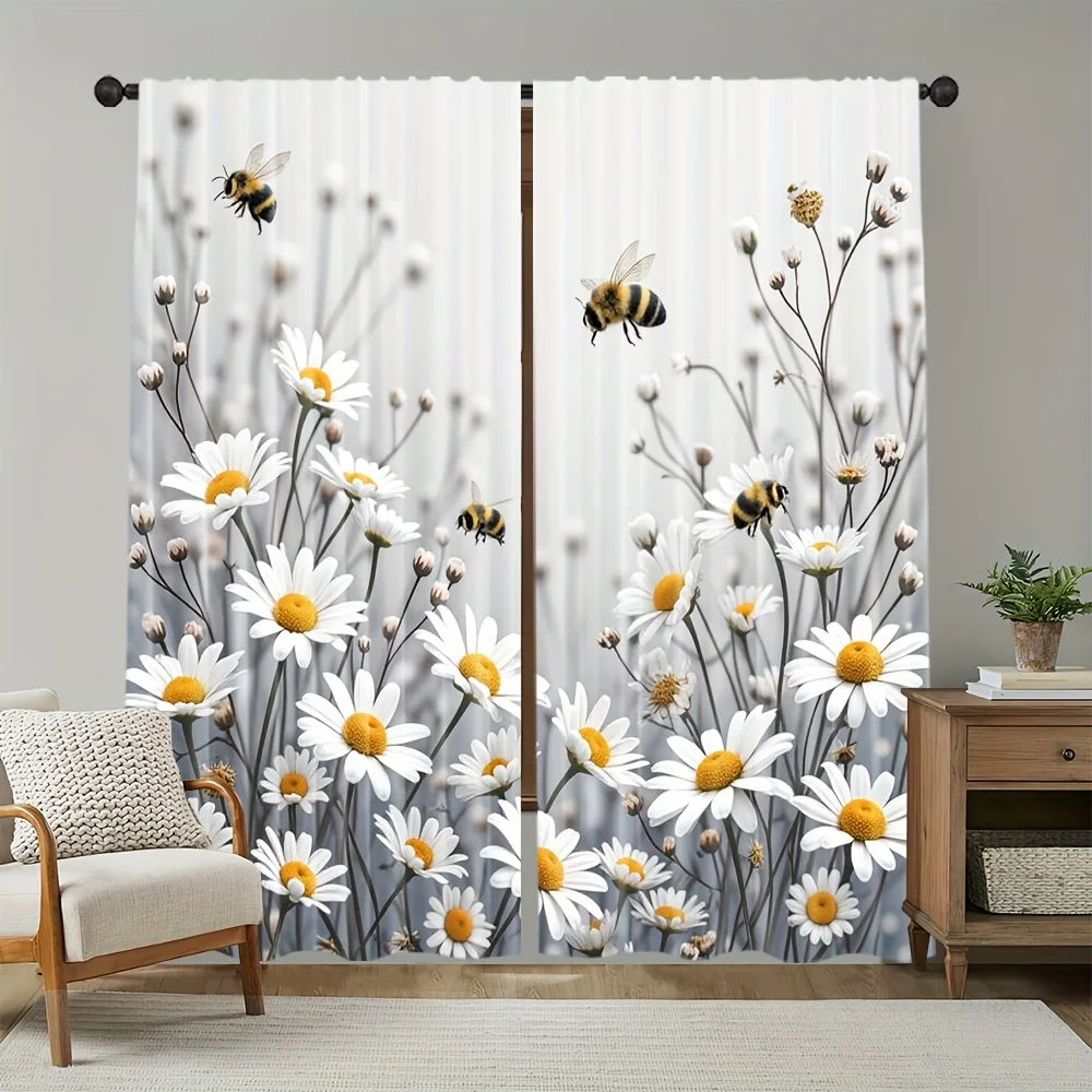 2pcs White Daisy Bee Curtains Peach Skin Polyester Nature Living Room Bedroom Home Decor