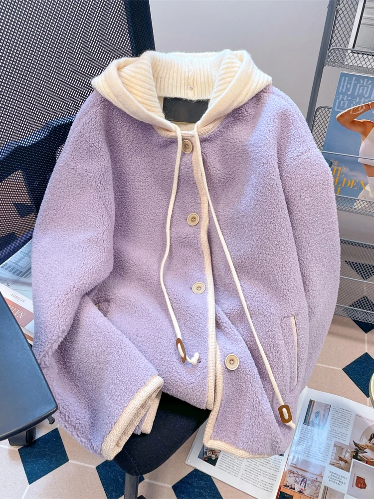 

Purple Lamb Wool Patchwork Hooded Coat Women Autumn Winter Sweet Simple Loose Hoodies Tops Fashion All-matched Overcoat