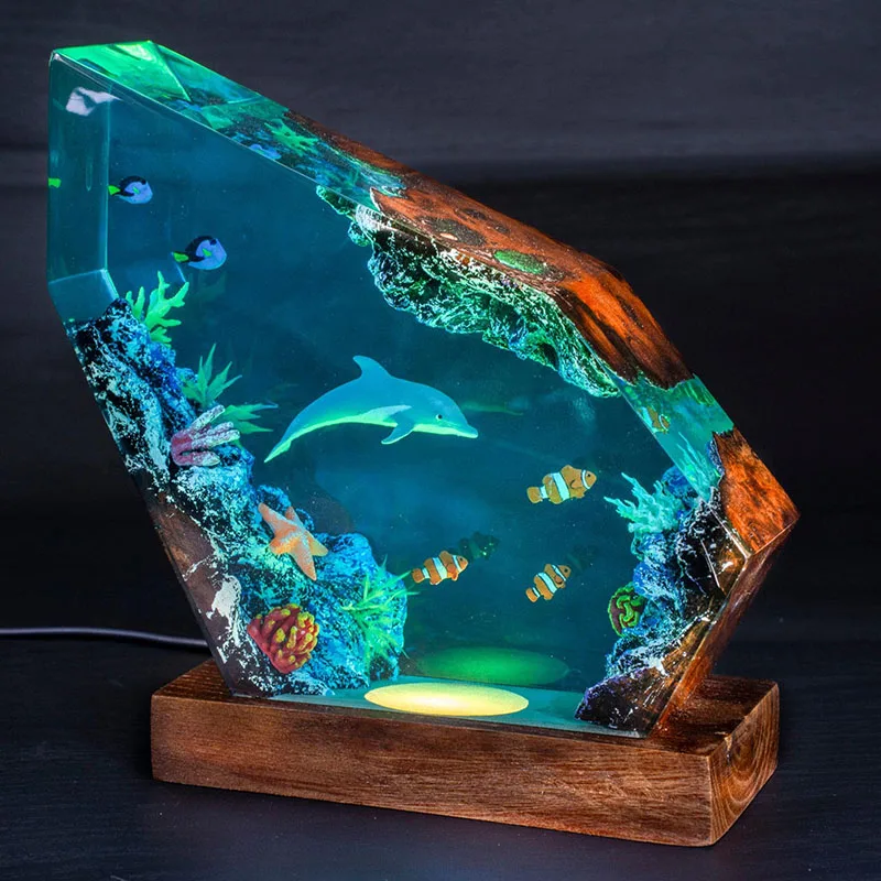 Lámpara de mesa de resina con organismo de delfines y animales en el océano, decoración artística creativa, luz nocturna con tema de paisaje marino, carga USB