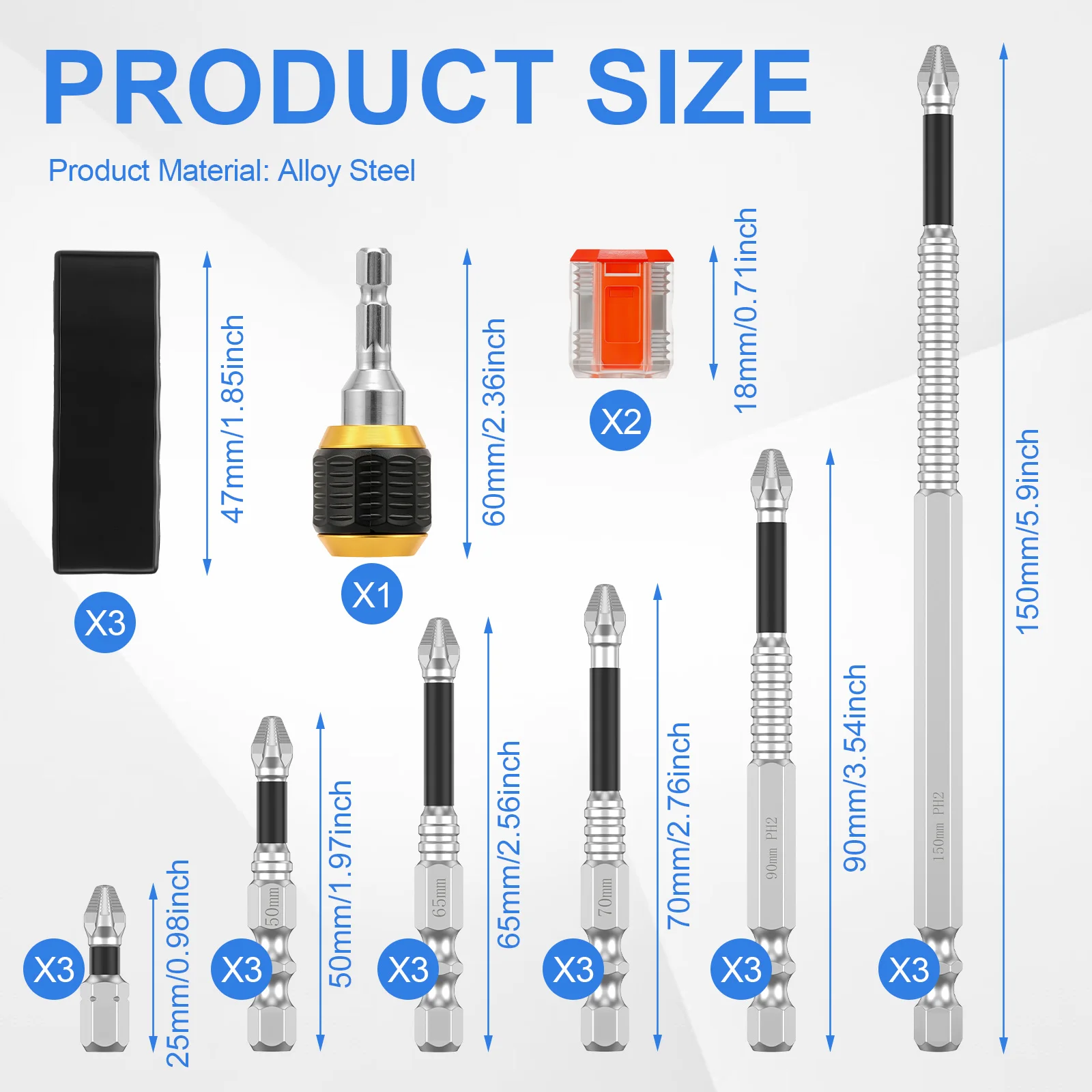 High Magnetic Screwdriver Drill Bit Set with 3pcs Bit Holder 6 Length Magnetic Screwdriver Bits with 2 Clear Magnetizer for DIY