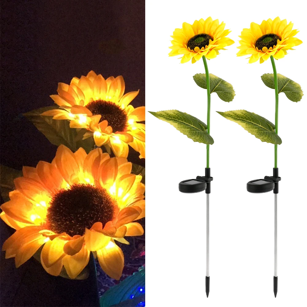 

2pcs LED Solar Powered Sunflower Light IP65 Waterproof Outdoor Pathway Stake Lamp Courtyard decoration Solar Flower Light