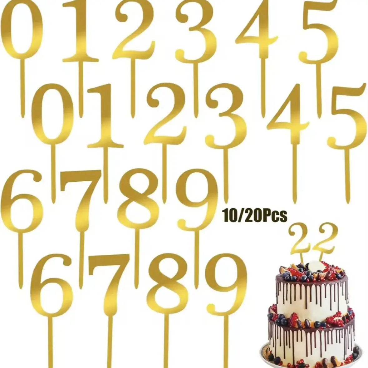 10 Stück/1 Stück Gold Acryl Zahlen für Kuchen 0-9 Nummer Geburtstag Cupcake Topper Gold Acryl Kuchen Topper für Geburtstag Hochzeit Party – Detail 3