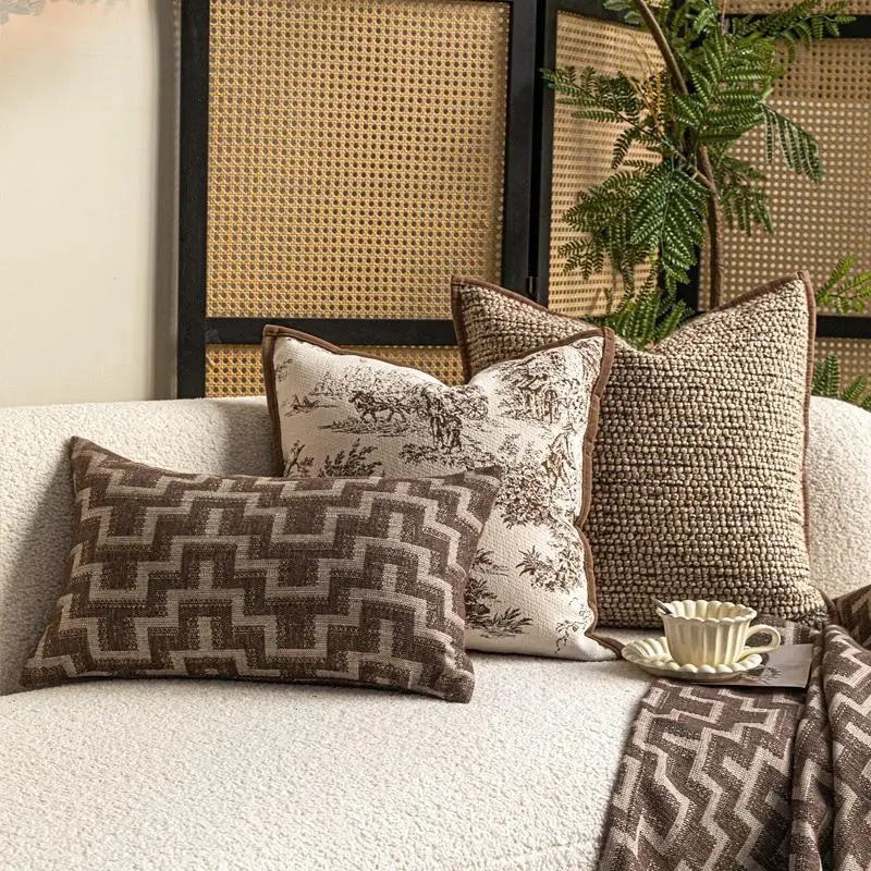 Retro Brown Color Pillows Geometric Jacquard Cushion Case Luxury Simple High Quality Decorative Pillow Cover For Sofa Chair Home