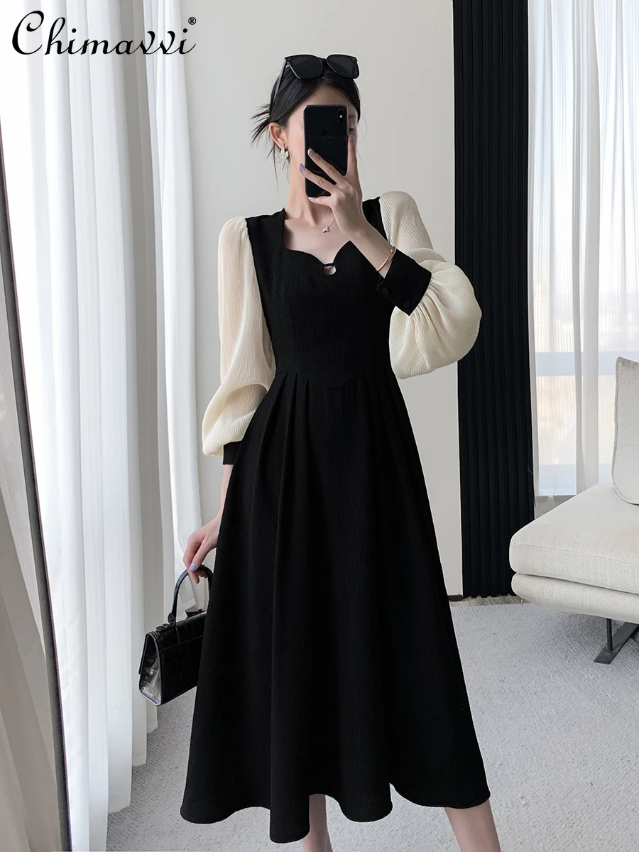 

French Elegant Retro Hepburn Style Square Neck Chiffon Splicing Long Sleeve High Waist Slim A-line Black Long Dress Women Autumn