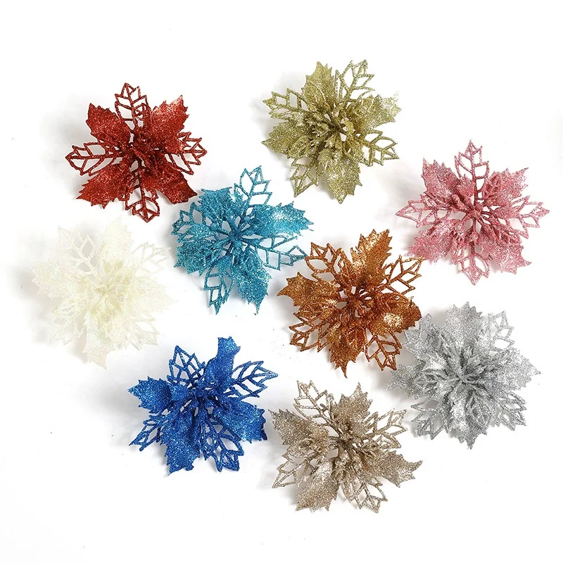 10Pcs 9cm Artifical Christmas Flowers Glitter Poinsettia Christmas Tree Decorations Home Xmas Ornaments Navidad New Year Gift