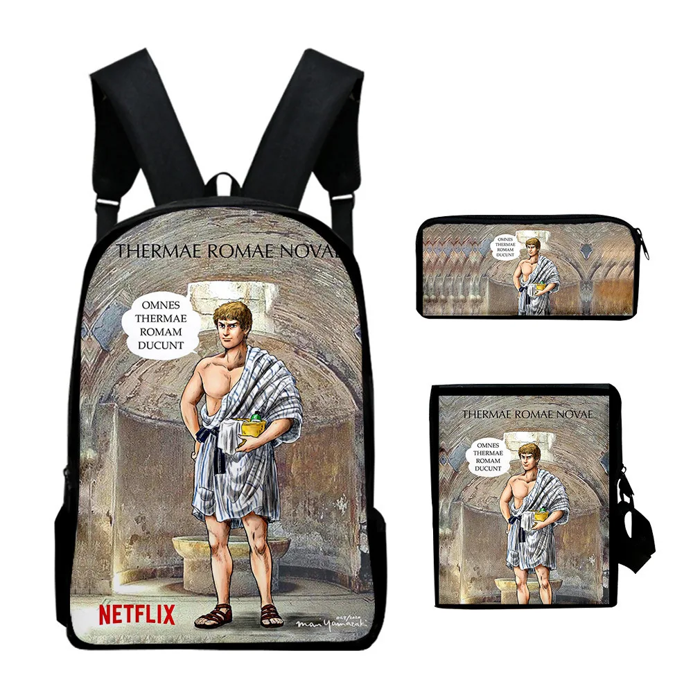 Hip Hop Thermae Romae Novae impresión 3D 3 unids/set mochilas escolares para alumnos mochila para ordenador portátil bolso de hombro inclinado estuche para lápices