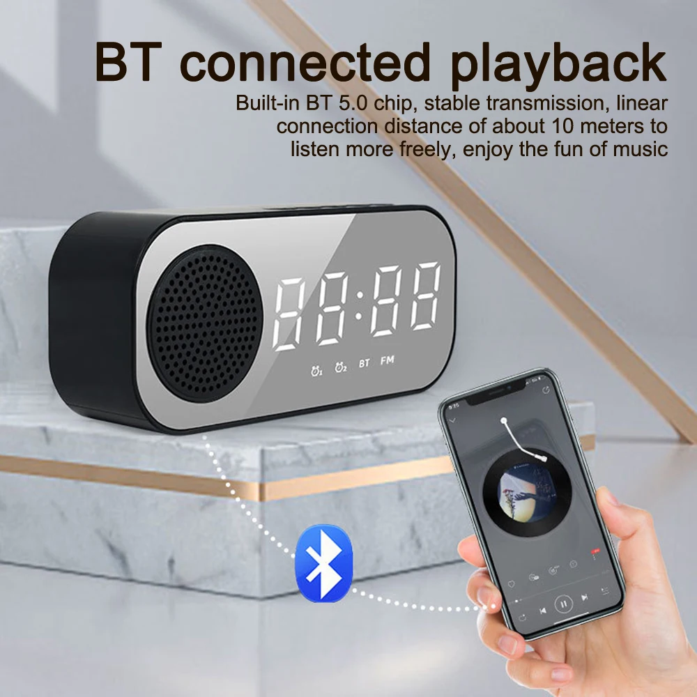 

F2 LED Clock Office Mini Mirror Digital Alarm Clock Wireless Bluetooth-compatible Speaker Bass Subwoofer Music Player Desktop