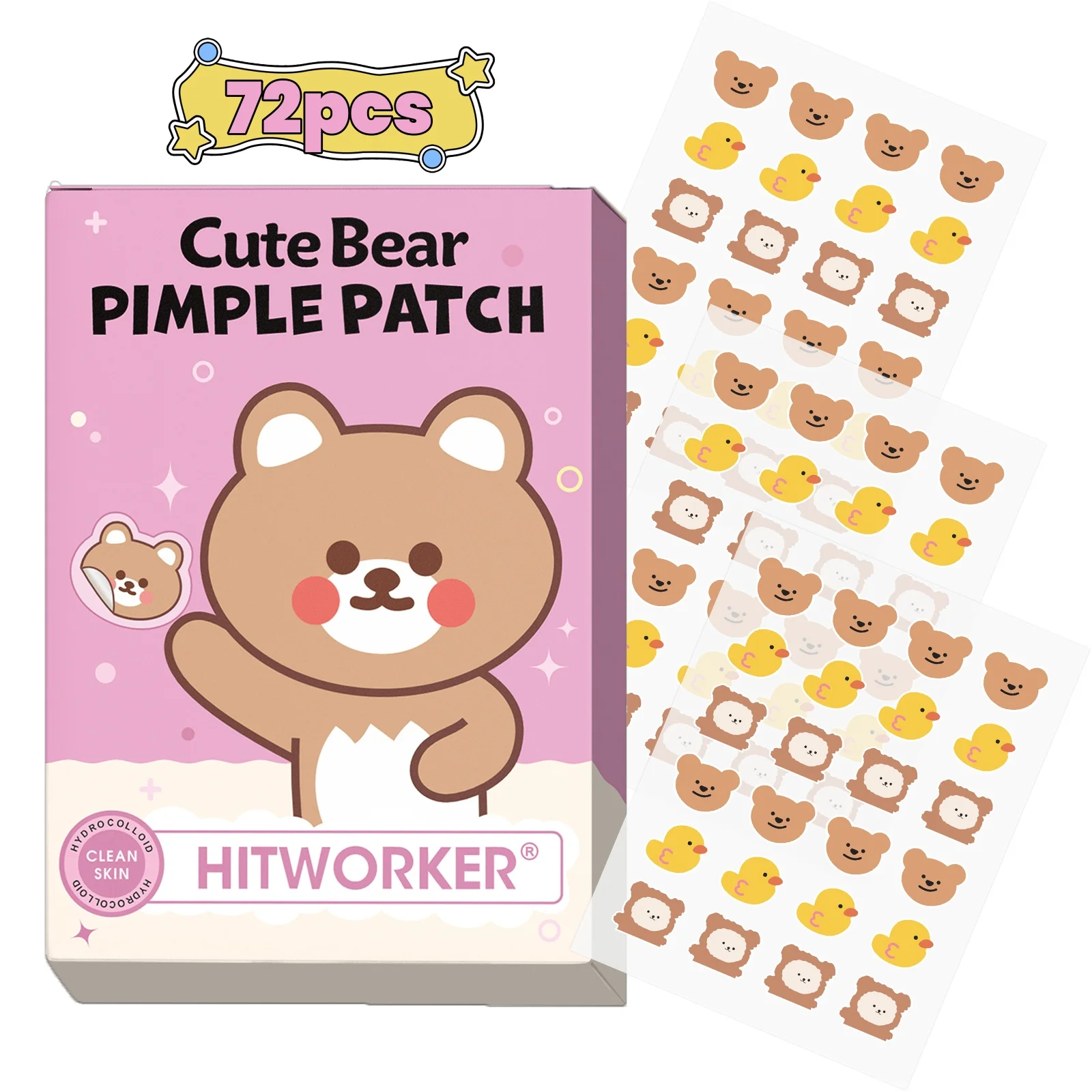 72PCS Cute Hydrocolloid Pimple Patches for Face, Cartoon Bear Duck Toast Blemish Cover Stickers, Facial Spot Patches