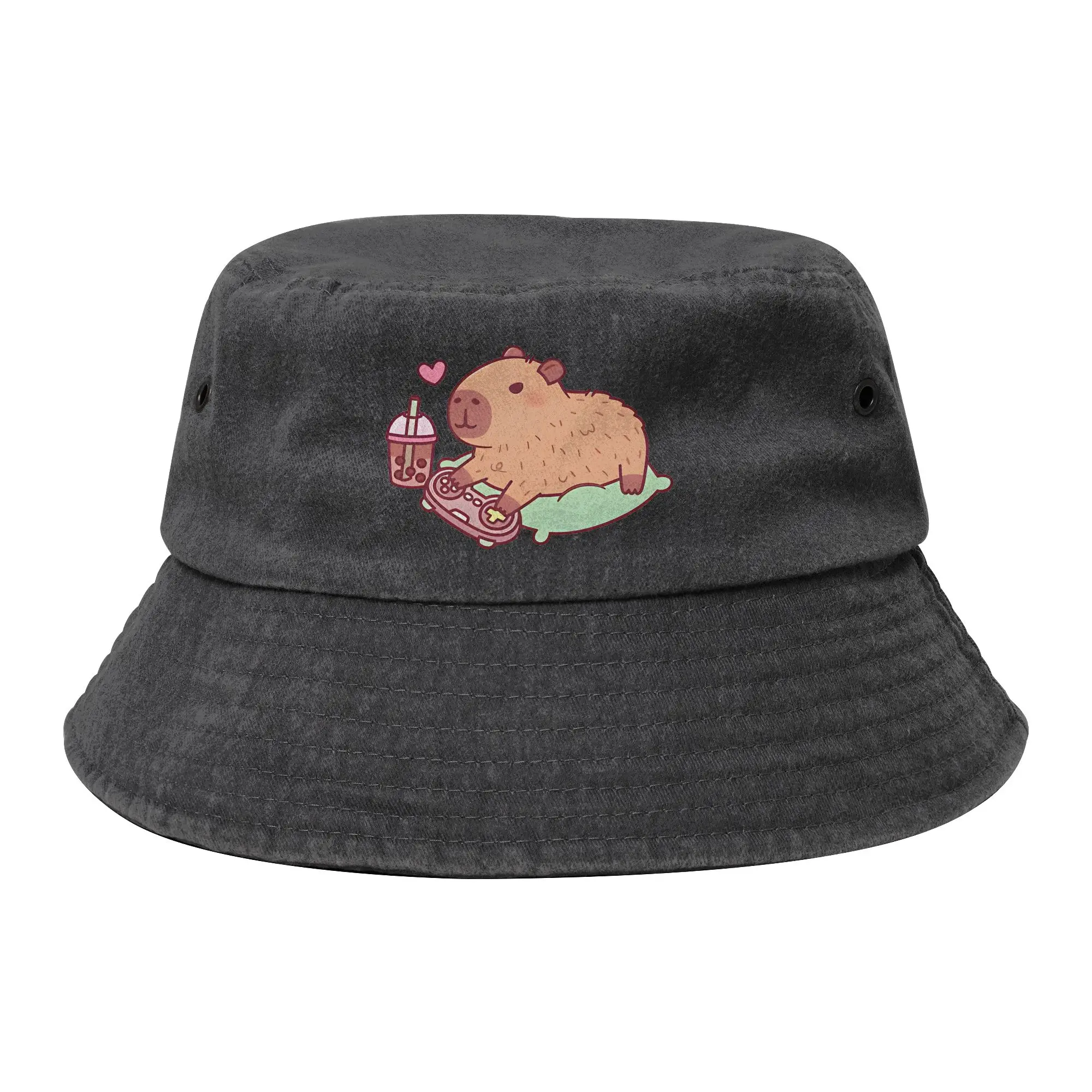Cute Capybara Chilling With Video Games And Boba Tea Bucket Hat Unisex Outdoor Distressed Cotton Fishing Cap Spring Headwear Bob