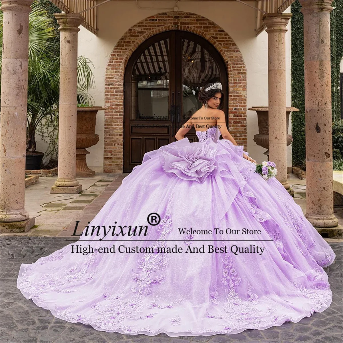 3D 꽃 레이스가 있는 공주풍 퀸시에라 드레스, 생일, 스위트 16, 맞춤형 러플 티어드 베스티도스 데 15, XV 아녜스